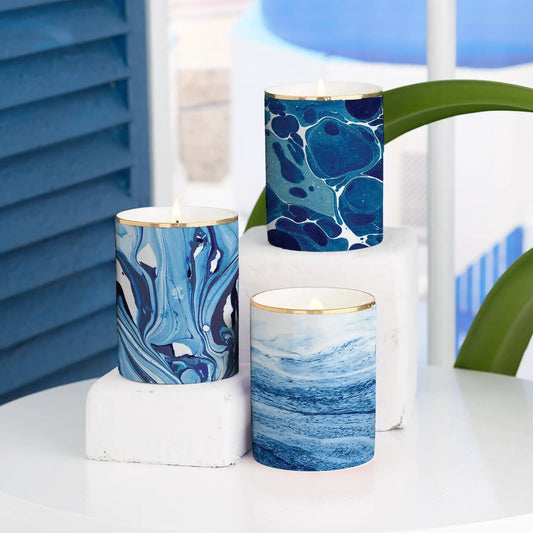 Mediterranean blue candle gift set with marbled blue pillars and gold rims on white stand on Tampa Home & Garden Store