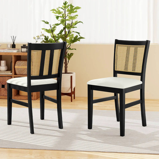 Beige farmhouse rattan dining chairs set of 2 with black frames, cane backs, white cushions on Tampa Home & Garden Store
