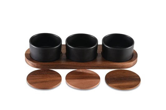 Kalmar Home Ceramic Condiment Set with three black bowls on acacia wood base and wooden coasters on Tampa Home & Garden Store
