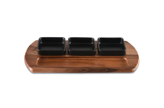 Charcuterie serving tray with 3 Kalmar Home black square ceramic bowls on acacia wood base on Tampa Home & Garden Store