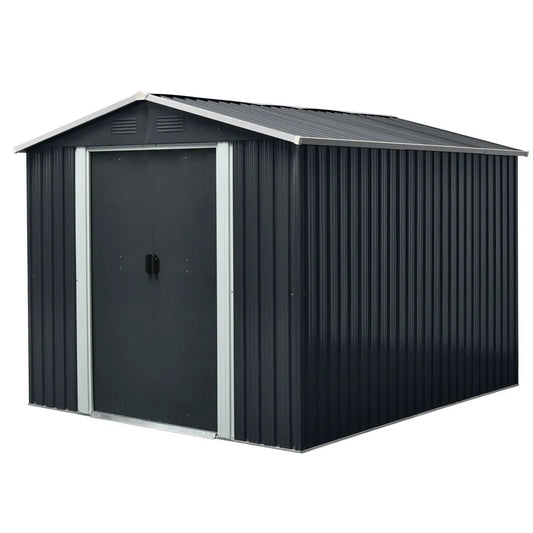 8ft x 10ft black metal storage shed with double doors and light gray trim on Tampa Home & Garden Store