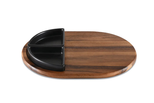 Charcuterie Tray with 2 black ceramic bowls on round wooden Kalmar Home board on Tampa Home & Garden Store
