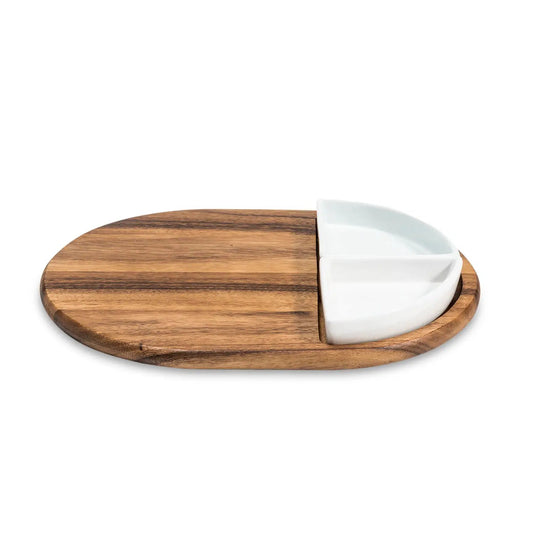 Charcuterie serving tray with 2 white ceramic bowls on acacia wood Kalmar Home on Tampa Home & Garden Store