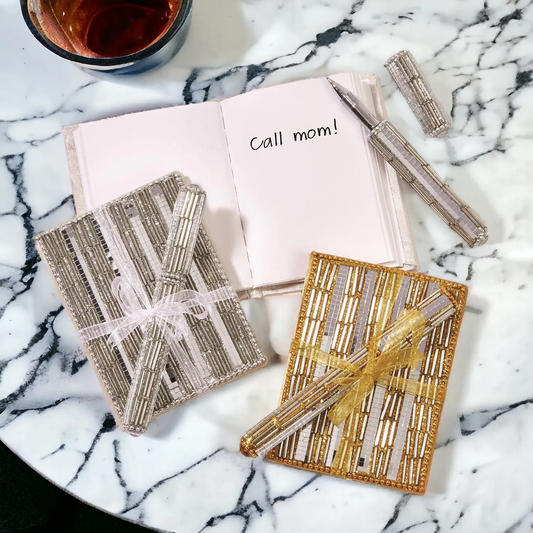 Mini Bling Notebook Gia Roma with pale pink pages and crystal pens beside gift boxes on Tampa Home & Garden Store