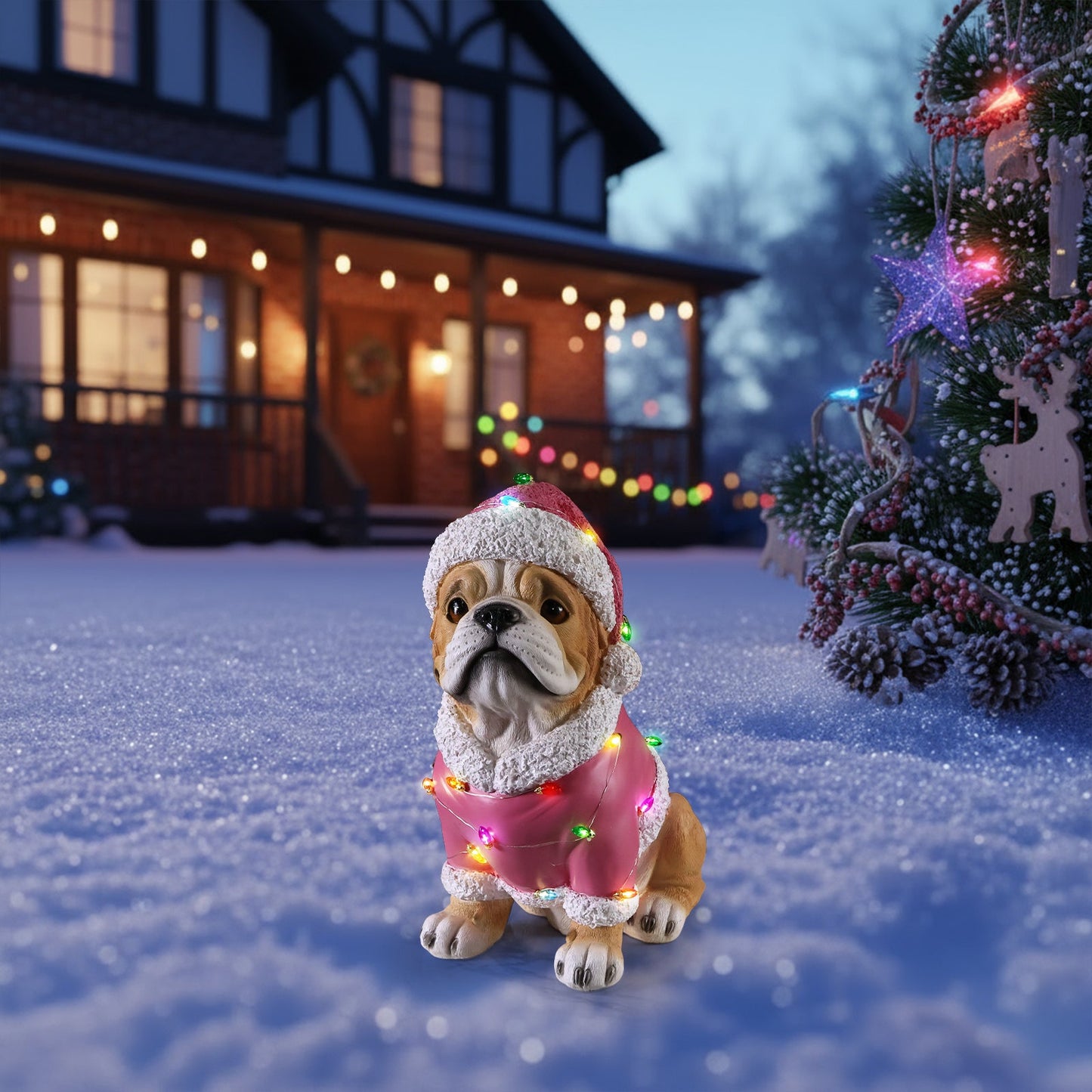 Christmas Pug Statue with pink Santa coat and colorful string lights on snowy lawn on Tampa Home & Garden Store