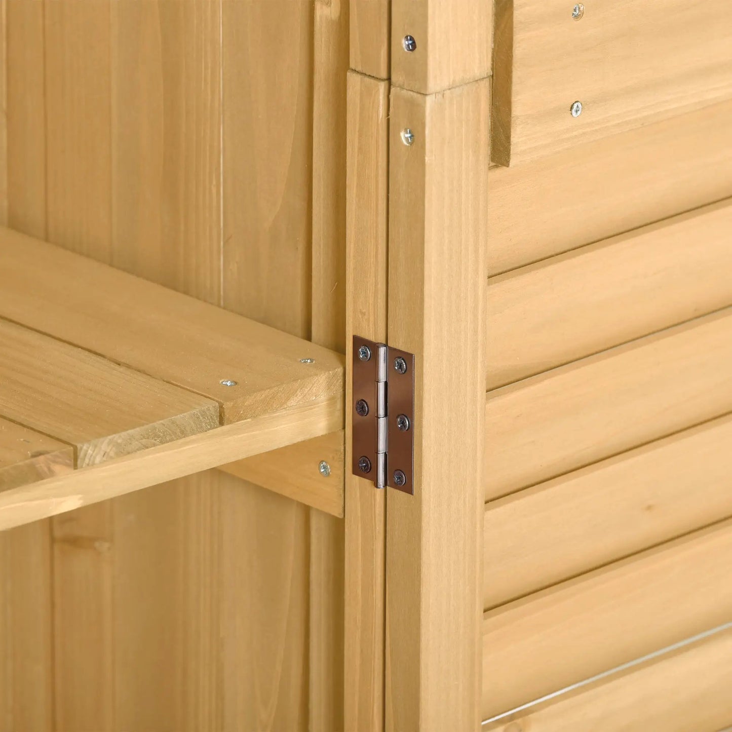 Natural Wood Outdoor 3-Tier Patio Storage Cabinet with exposed hinge hardware on Tampa Home & Garden Store