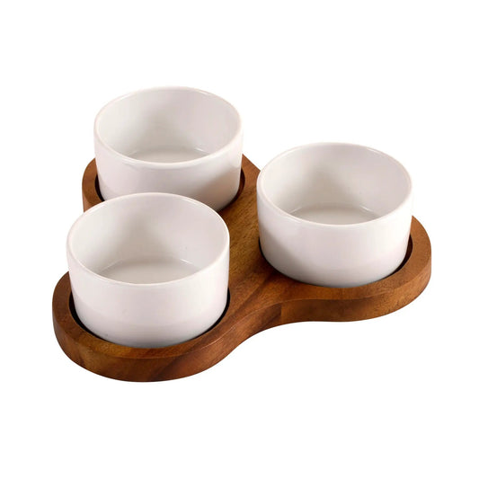 Triangular serving set with 3 white ceramic dishes on wooden tray by Kalmar Home on Tampa Home & Garden Store