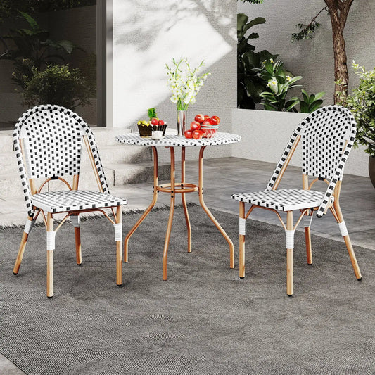 3-Piece Outdoor Wicker Bistro Set with black-and-white check chairs and round table on Tampa Home & Garden Store