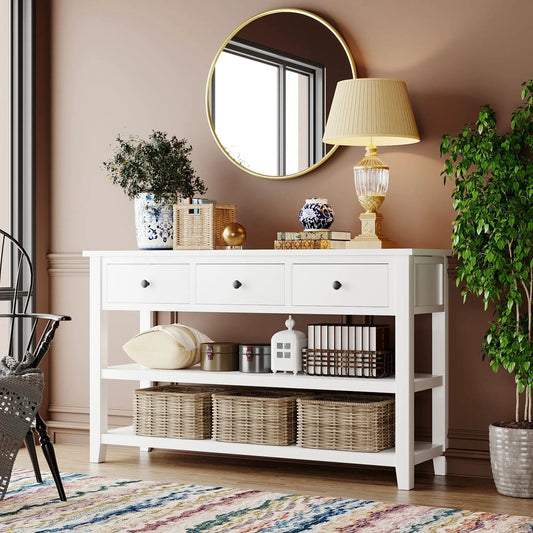 Retro design white console table with three top drawers and a lower open shelf on Tampa Home & Garden Store