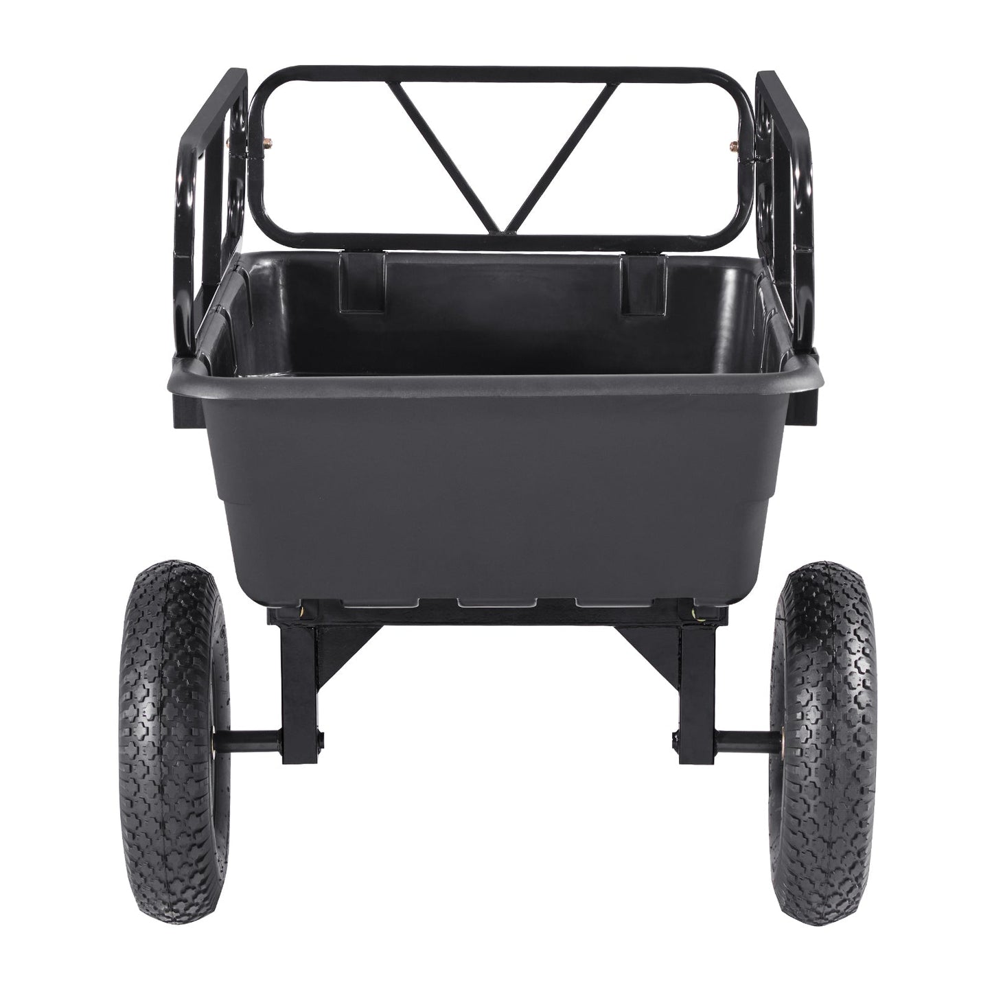 Dump trailer 500 lbs 10 cu ft, black frame with gray plastic bed, tow behind garden cart on Tampa Home & Garden Store