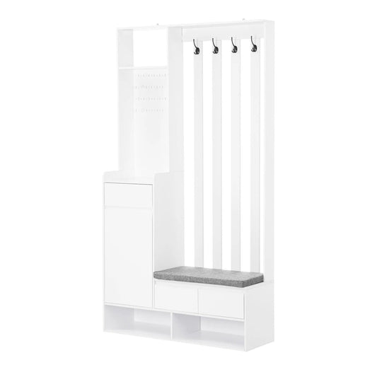 Contemporary white hall tree with cushioned gray bench and 5 hooks plus built in storage on Tampa Home & Garden Store