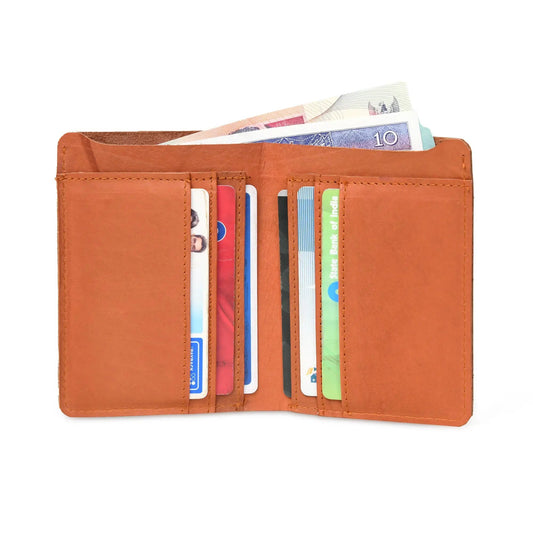 Solomon Slim Leather Wallet with Card Slots in tan leather showing cash and cards on Tampa Home & Garden Store