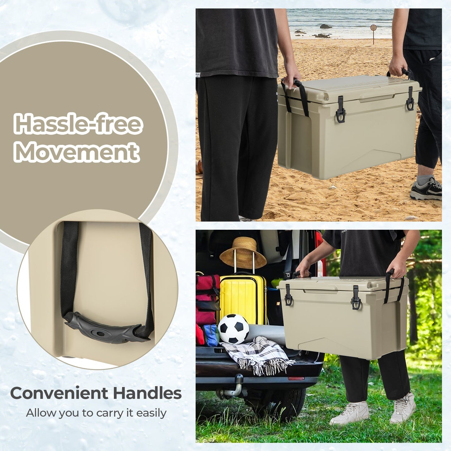 GemGear 50 QT rotomolded cooler with integrated cup holders in tan carried on beach on Tampa Home & Garden Store