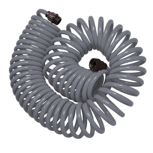 50 ft gray coil garden hose with 8-pattern nozzle and black fittings on Tampa Home & Garden Store