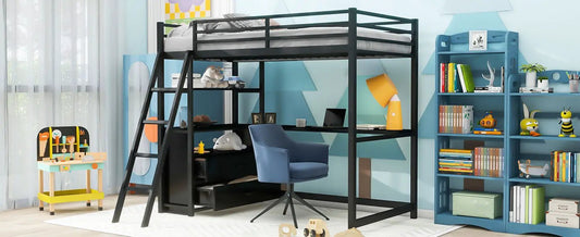 Twin size metal wood loft bed with desk and shelving in black finish on Tampa Home & Garden Store