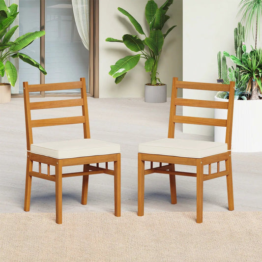 Outdoor wooden dining chairs set of 4 with cream cushions and natural brown finish on Tampa Home & Garden Store