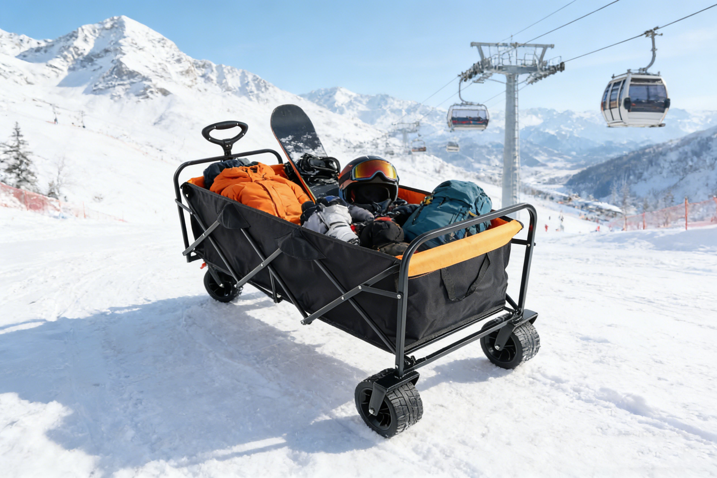Big Folding Wagon Cart with Extender in black and orange, loaded with snowboard gear on Tampa Home & Garden Store