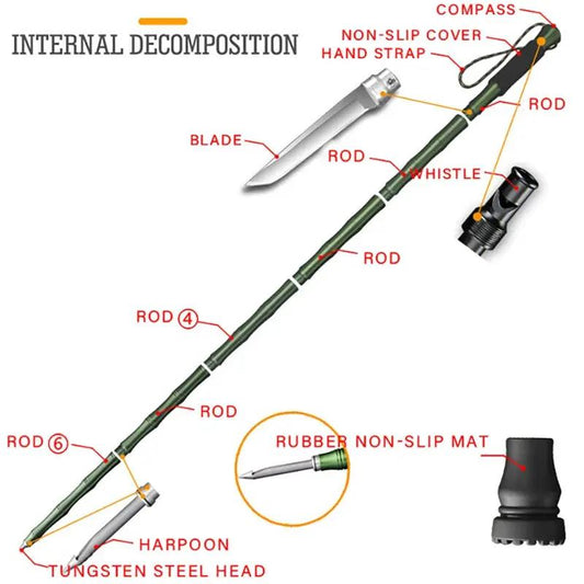 Outdoor Defense Tactical Alpenstock hiking pole with green rods, tungsten head, blade, whistle on Tampa Home & Garden Store