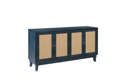 Handcrafted navy blue rattan sideboard with caned panel doors and gold knobs on Tampa Home & Garden Store