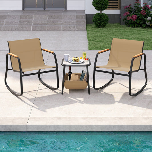 3 Piece Rocking Bistro Chairs and Side Table Set with Storage Bag-Brown - Tampa Home & Garden Store