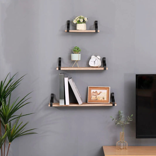 Floating wall shelves set of 3 in natural wood with black brackets on wall with plants on Tampa Home & Garden Store