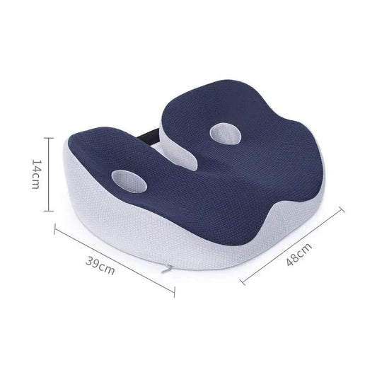 Office chair memory foam coccyx seat cushion navy blue top with white sides, contoured holes on Tampa Home & Garden Store