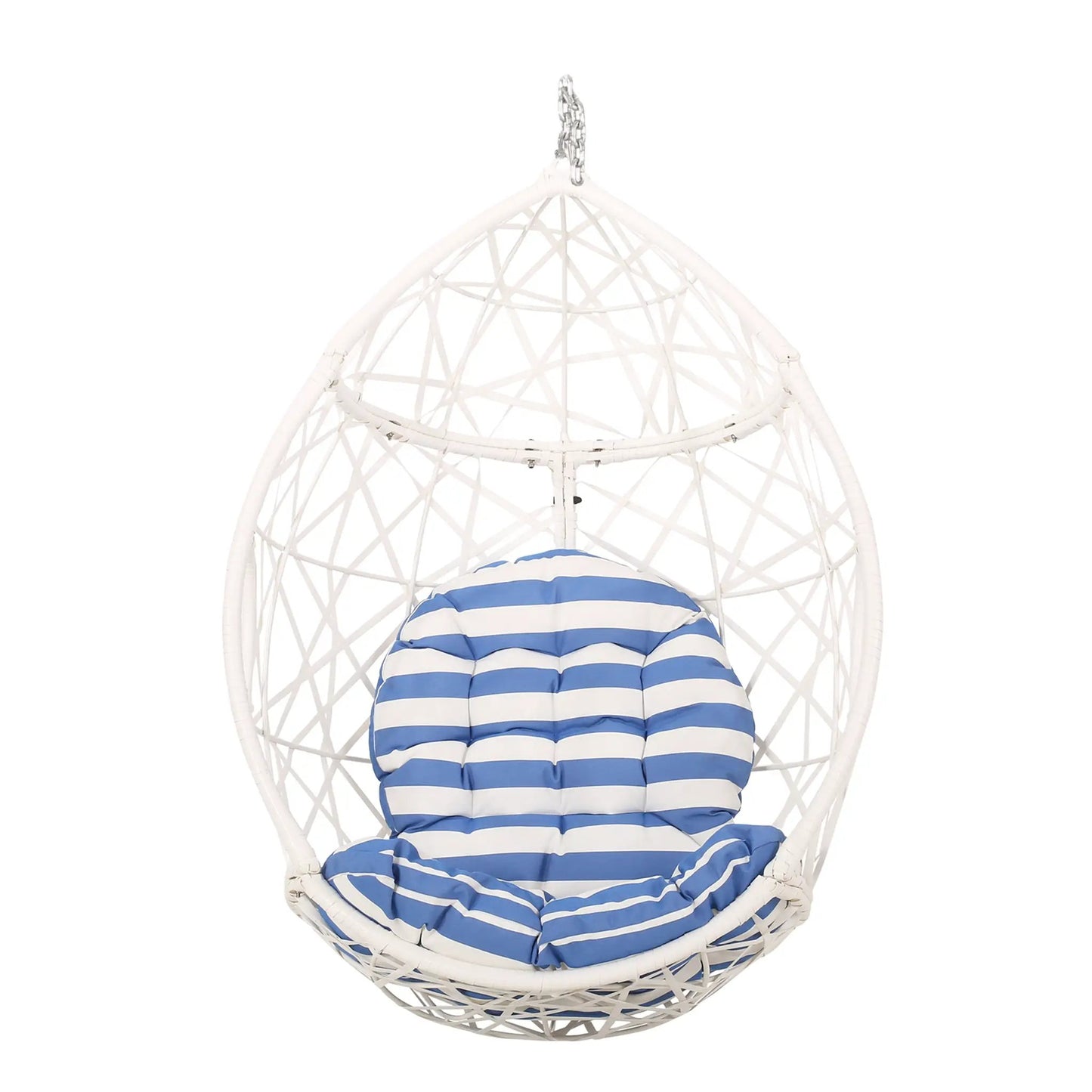Marlin hanging egg chair basket white frame with blue striped cushion and chain on Tampa Home & Garden Store