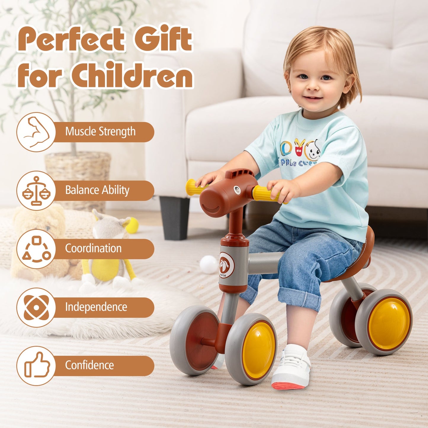 Baby balance bike no pedal four-wheel brown bicycle with yellow wheels, toddler indoors on Tampa Home & Garden Store