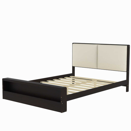 Queen Size Platform Bed Frame with Upholstery Headboard and Bookshelf in Footboard and LED Light Strips, Espresso - Tampa Home & Garden Store