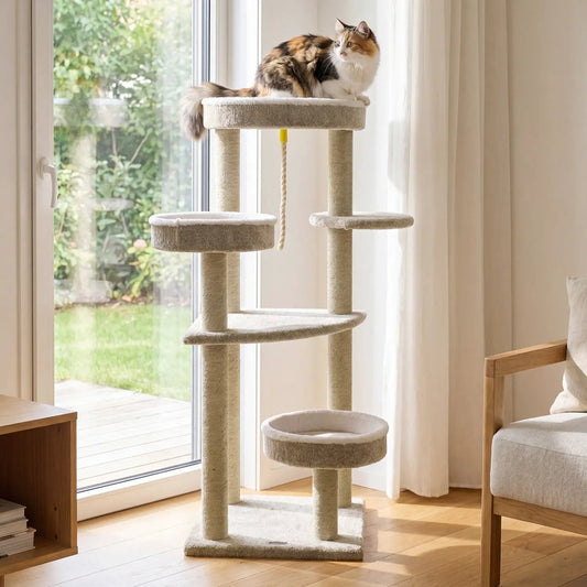 51-inch Carpeted Cat Tree with plush beige perches for indoor cats by DirectDeals on Tampa Home & Garden Store