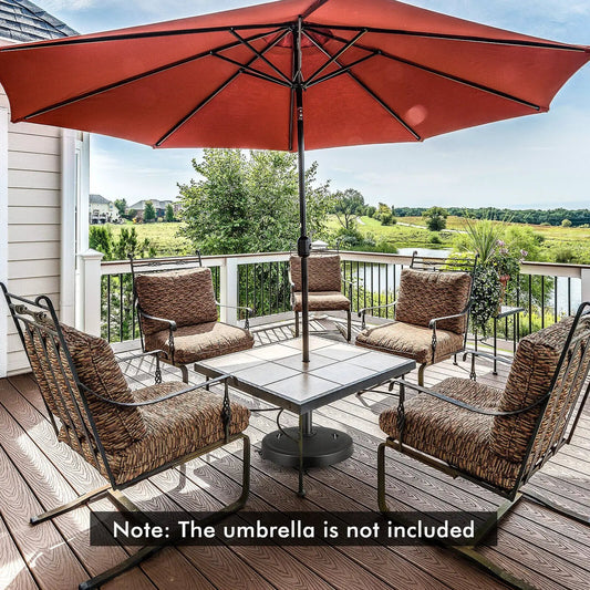 Heavy 51 lb outdoor umbrella base with wheels, gray, supports a red umbrella on wicker deck on Tampa Home & Garden Store