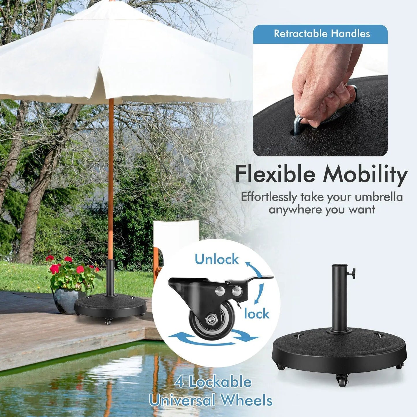 Heavy 51 Lbs Outdoor Umbrella Base with Wheels, black base, DirectDeals on Tampa Home & Garden Store