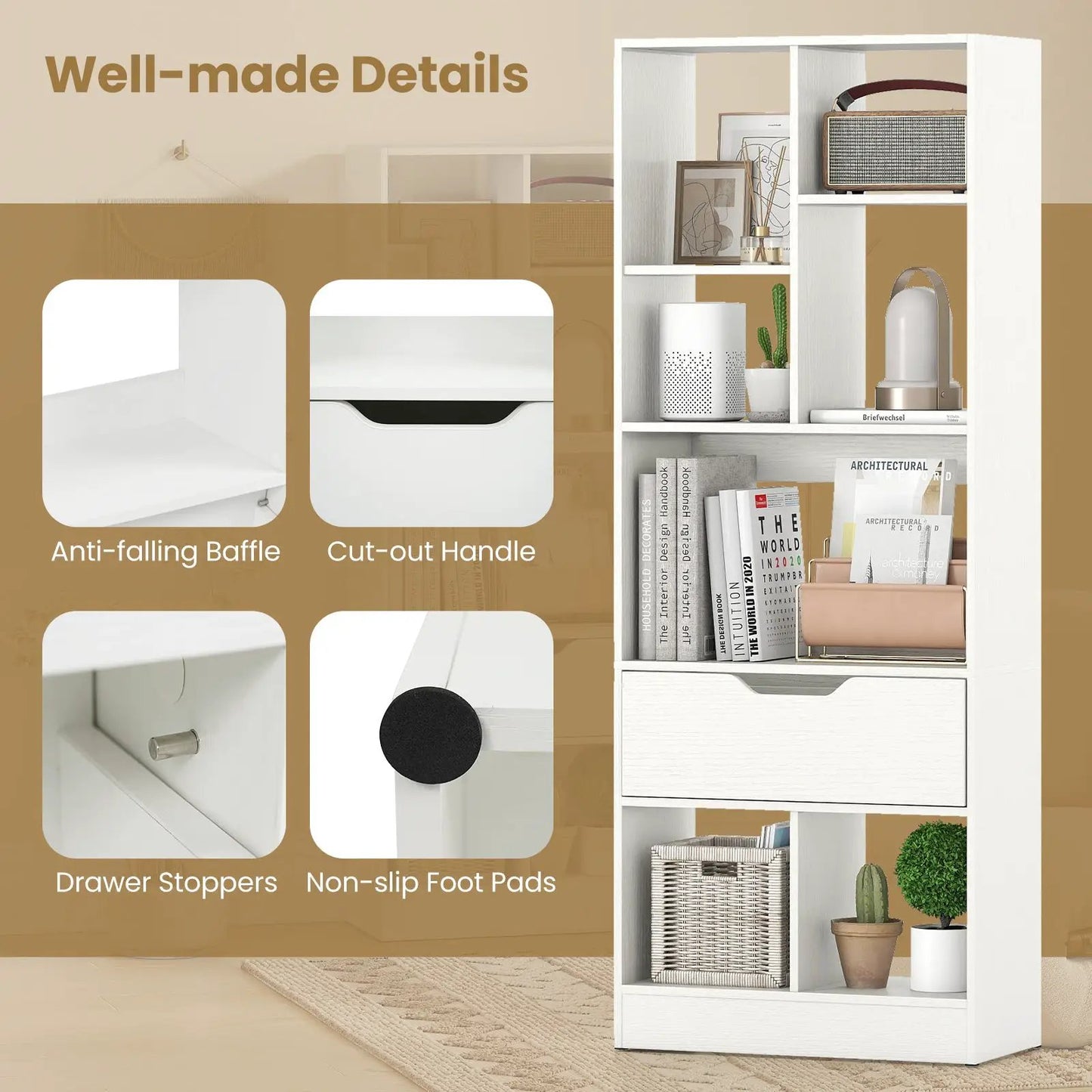51 Inch tall freestanding white DirectDeals bookcase with integrated drawer and open shelves on Tampa Home & Garden Store