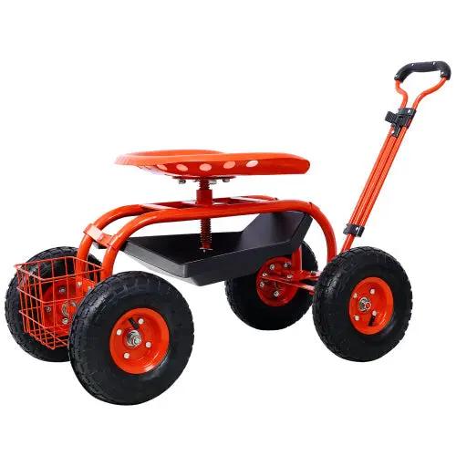 Red garden cart rolling scooter with 360 seat, four wheels and front basket on Tampa Home & Garden Store