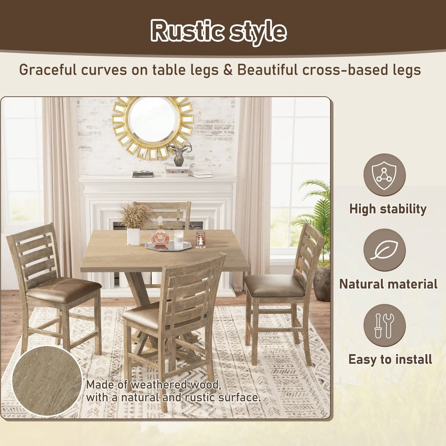 Set of 2 dining counter height chairs, solid weathered wood with rustic finish on Tampa Home & Garden Store