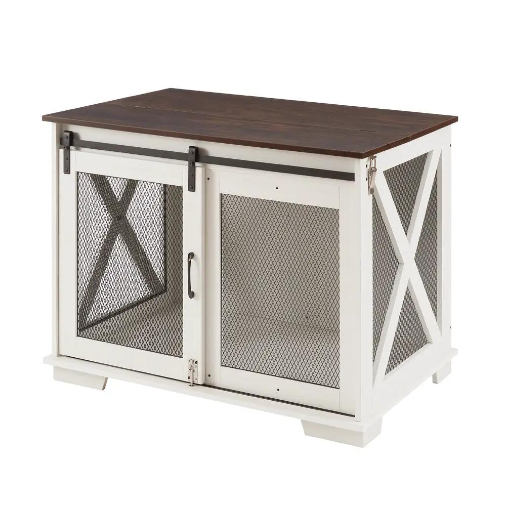 Jaula de granja Muebles de fideos planos con puerta corrediza tipo granero, mesa auxiliar de madera tipo jaula de granja, casa para perros con partición extraíble
