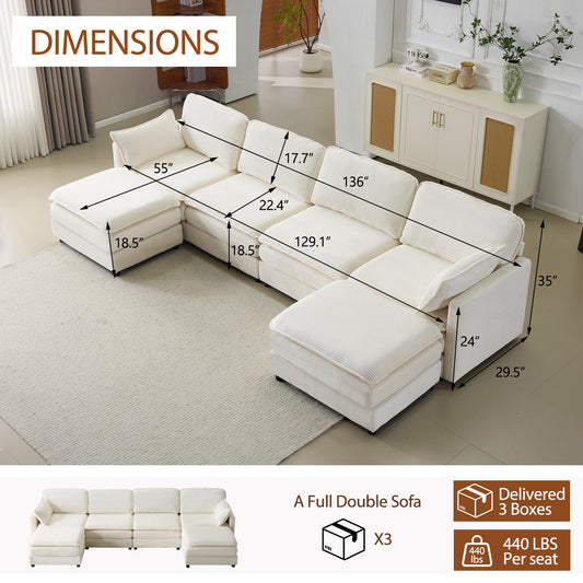 Plush Cloud 136in modular 3-seater sofa with footstools, white fabric by HouseOfZazla on Tampa Home & Garden Store