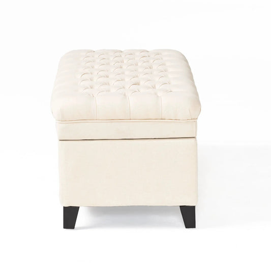 Juliana beige fabric storage ottoman tufted top with dark legs on Tampa Home & Garden Store