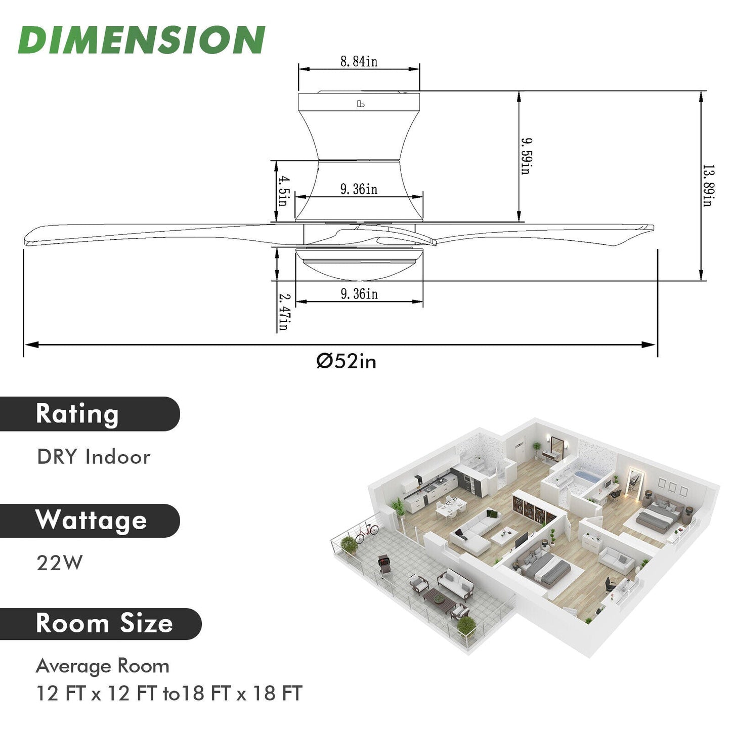 Ventilador de techo de montaje empotrado de 52 pulgadas con luz LED - Negro