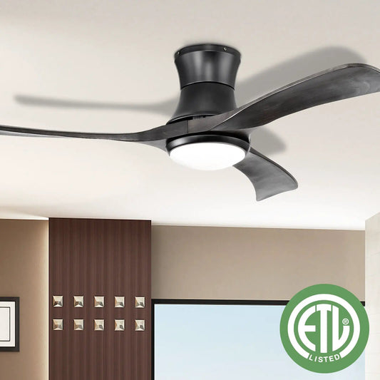 52 inch flush mount ceiling fan with LED light black three-blade ETL Listed on Tampa Home & Garden Store