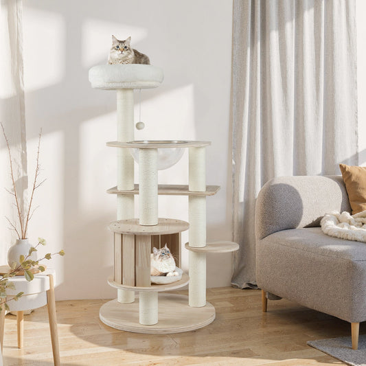 52 Inches Tall Wooden Cat Tree with Washable Plush Cushions and Multi-Level Climbing Stand - Tampa Home & Garden Store