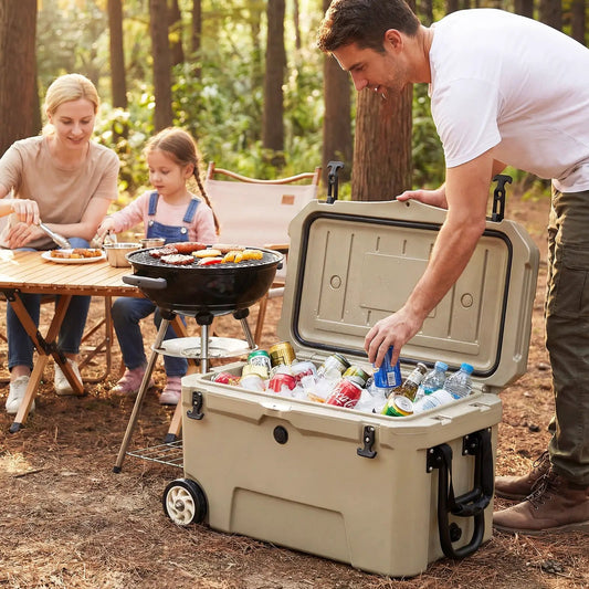 DirectDeals 52-Quart cooler with wheels tan exterior open to reveal beverages inside on Tampa Home & Garden Store