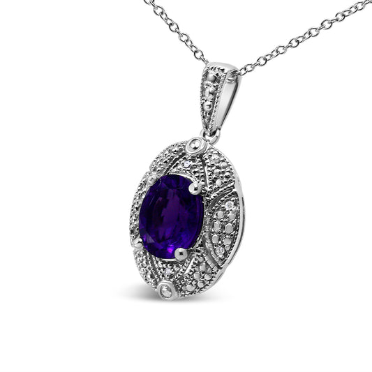 Sterling silver amethyst pendant with 9x7mm purple gemstone and diamond accents on necklace on Tampa Home & Garden Store