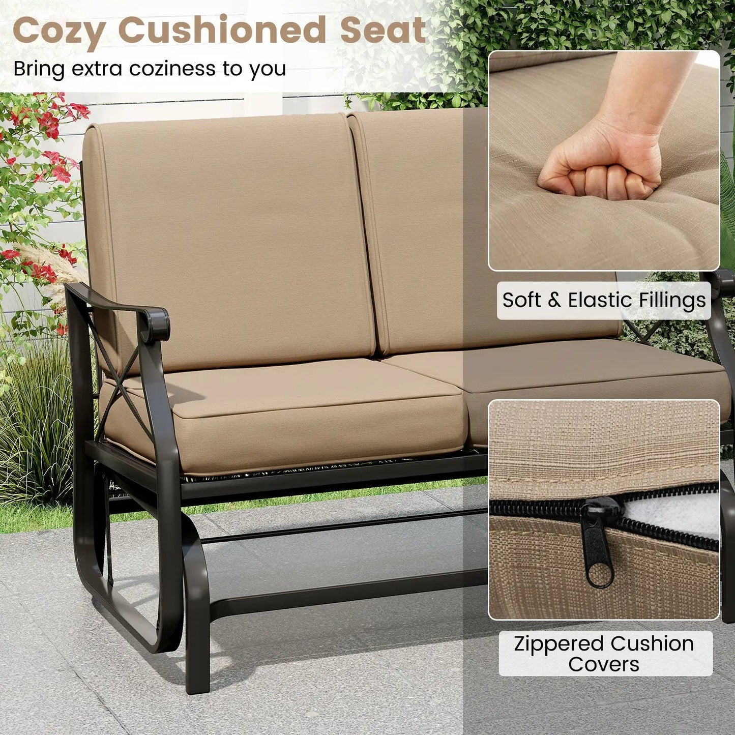 Outdoor 2 Person Glider Loveseat with Beige Cushions, zippered cushion covers DirectDeals on Tampa Home & Garden Store
