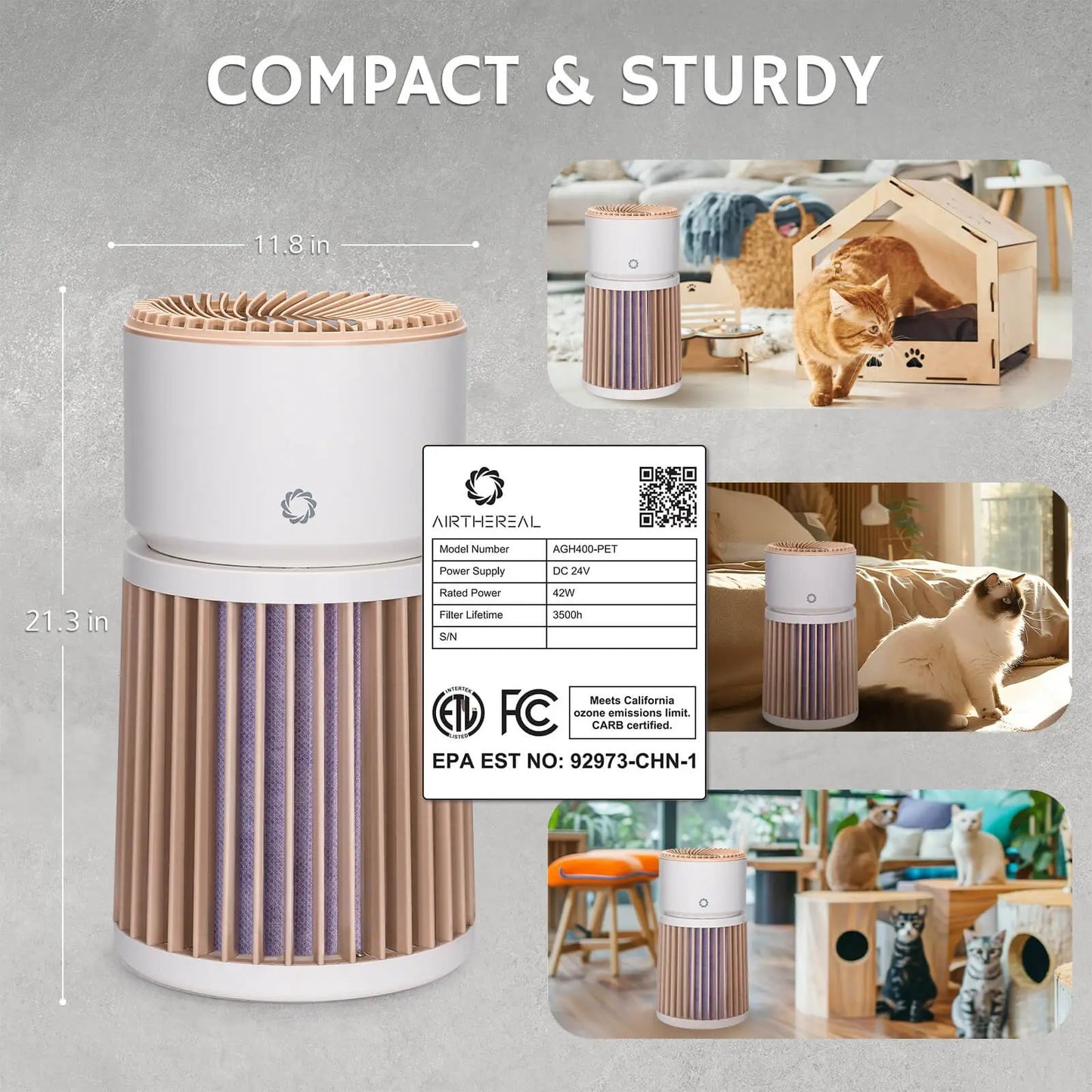 Glory Days AGH400-PET Pet HEPA air purifier, European version, white cylindrical unit with beige pleated filter on Tampa Home & Garden Store