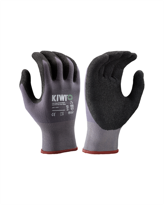 Kiwi PUD Coated Grip Gloves Nylon Spandex, gray textured palms, pair on Tampa Home & Garden Store
