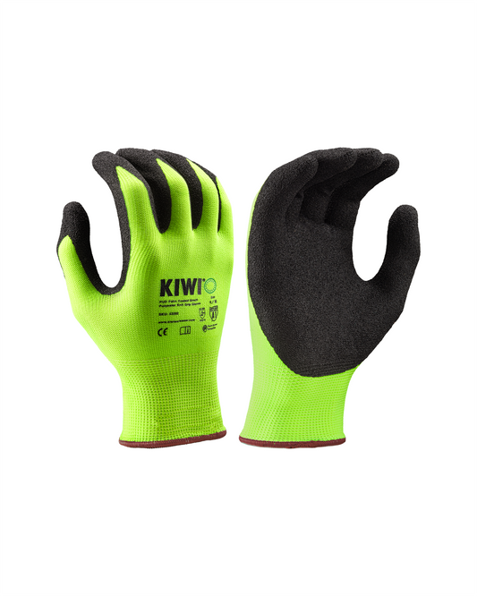 Pair of Kiwi PUD Palm Coated Grip Gloves, neon lime stretch polyester with black palms on Tampa Home & Garden Store