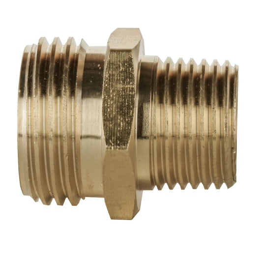 Half Inch MPT to Three Quarter MHT brass adapter by Orbit Irrigation with two threaded ends on Tampa Home & Garden Store