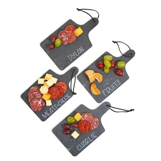 Slate paddle boards 4-pack serving trays with chalk labels DYLAN FRUITS MEATS CHEESE CHARLIE on Tampa Home & Garden Store