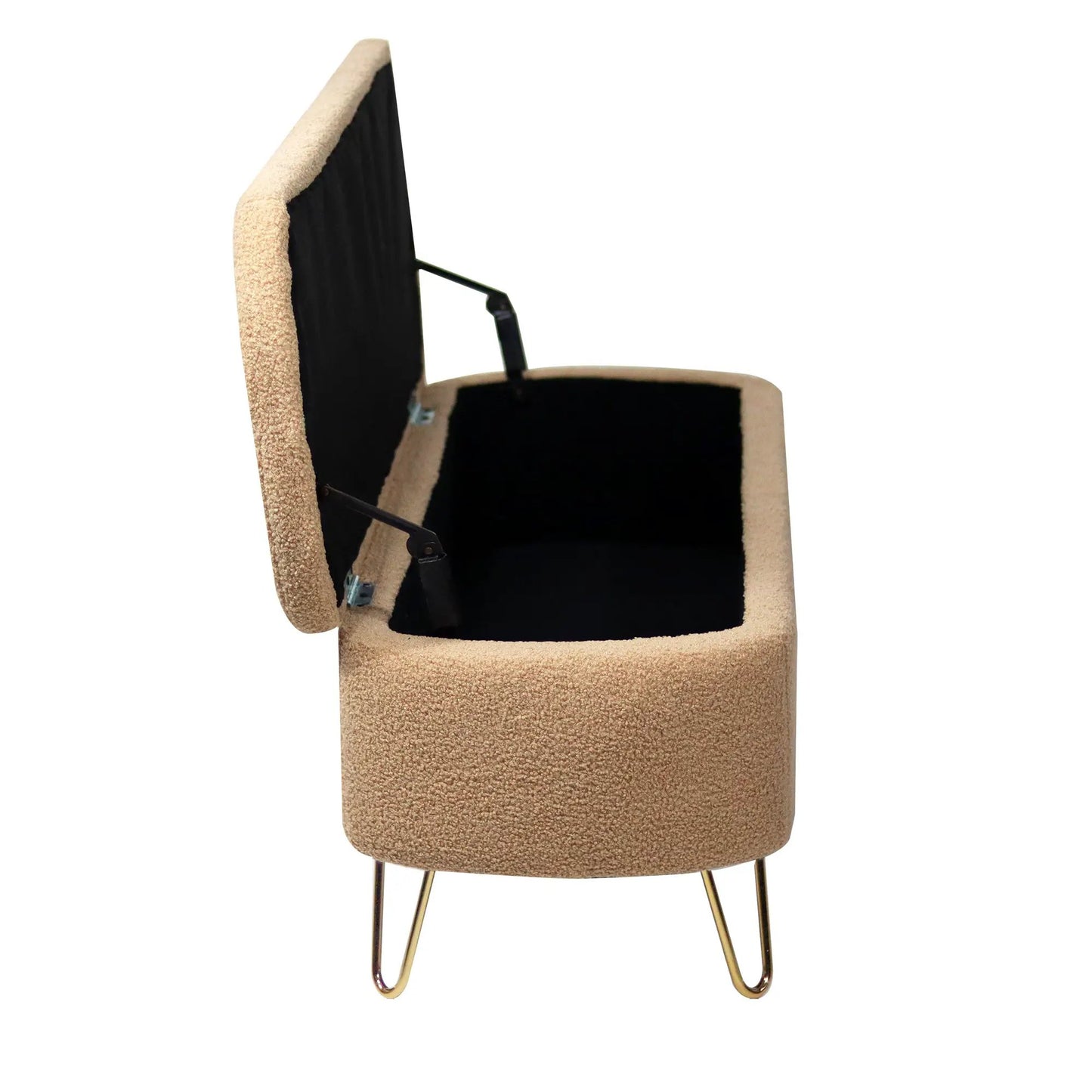 Camel storage ottoman bench with gold-tone legs and black interior on Tampa Home & Garden Store